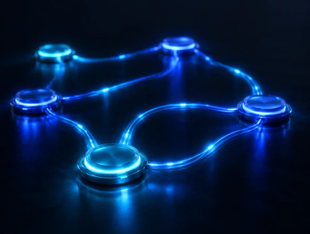 Flux de lumière bleue circulant dans des conduits et des mécanismes, évoquant des outils connectés entre eux.
