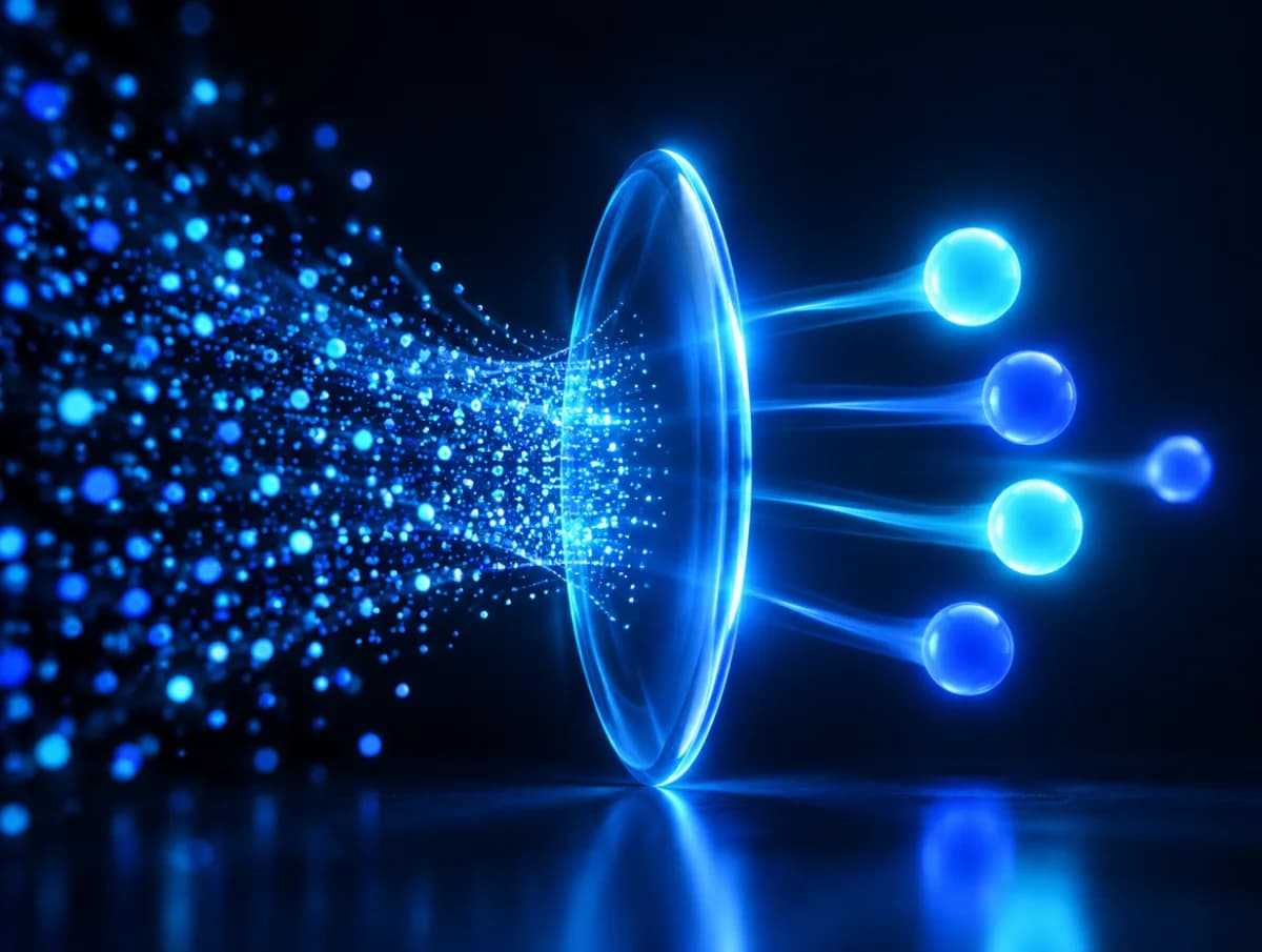 Réseau de particules lumineuses qui convergent vers un flux unique, évoquant des demandes clients triées et qualifiées.