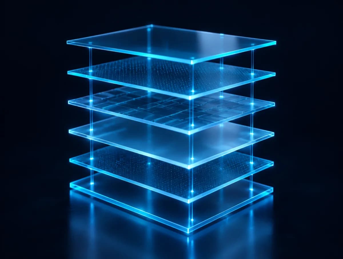 Blocs de verre et de métal qui s'assemblent en couches, évoquant les modules d'une application métier.