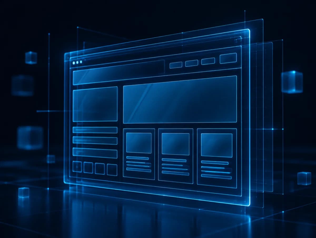 Panneaux de verre lumineux empilés en perspective, évoquant la structure des pages d'un site web.